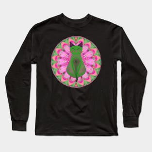 Mandala with cat in pink and green. Long Sleeve T-Shirt